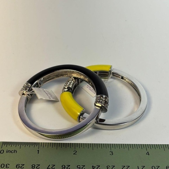 Preppy Glam Lia Sophia Bangles Black Yellow Enamel Rhinestones - Picture 5 of 5